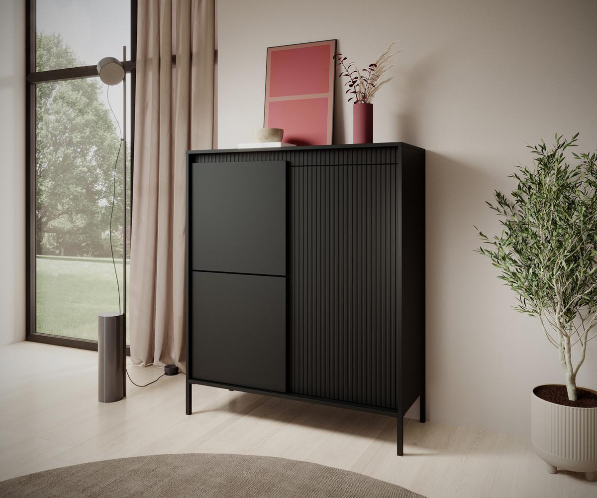 HIGHBOARD Trentinis 3T Schwarz 103,5/123,4/39,5 cm – Geriffelten Fronten - Schwarz, Holzwerkstoff/Metall (103.5/123.4/39.5cm) - AX Living