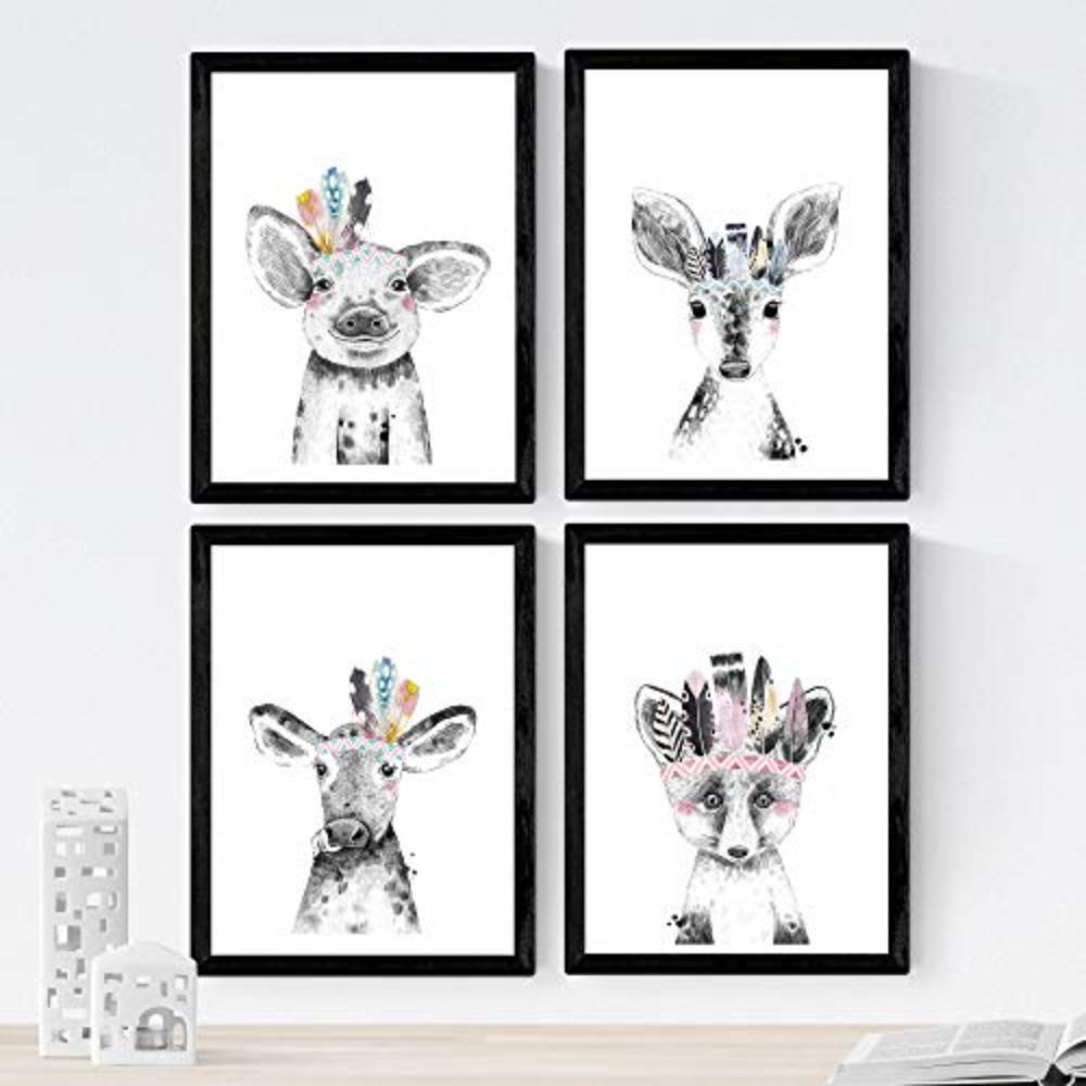 POSTER Set mit 4 Kindertiere mit farbigen Federn A4 Rahmenlos - Klar, Papier (29.7/3cm) - Nacnic