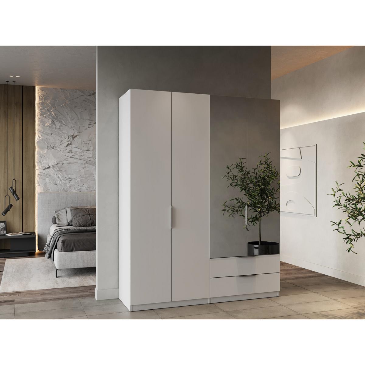 KLEIDERSCHRANK mit 4 Türen, 2 Schubladen und 2 Spiegeln Ghost - L157,3 cm - Weiß, Holzwerkstoff (51.1/203/204.5cm) - Demeyere