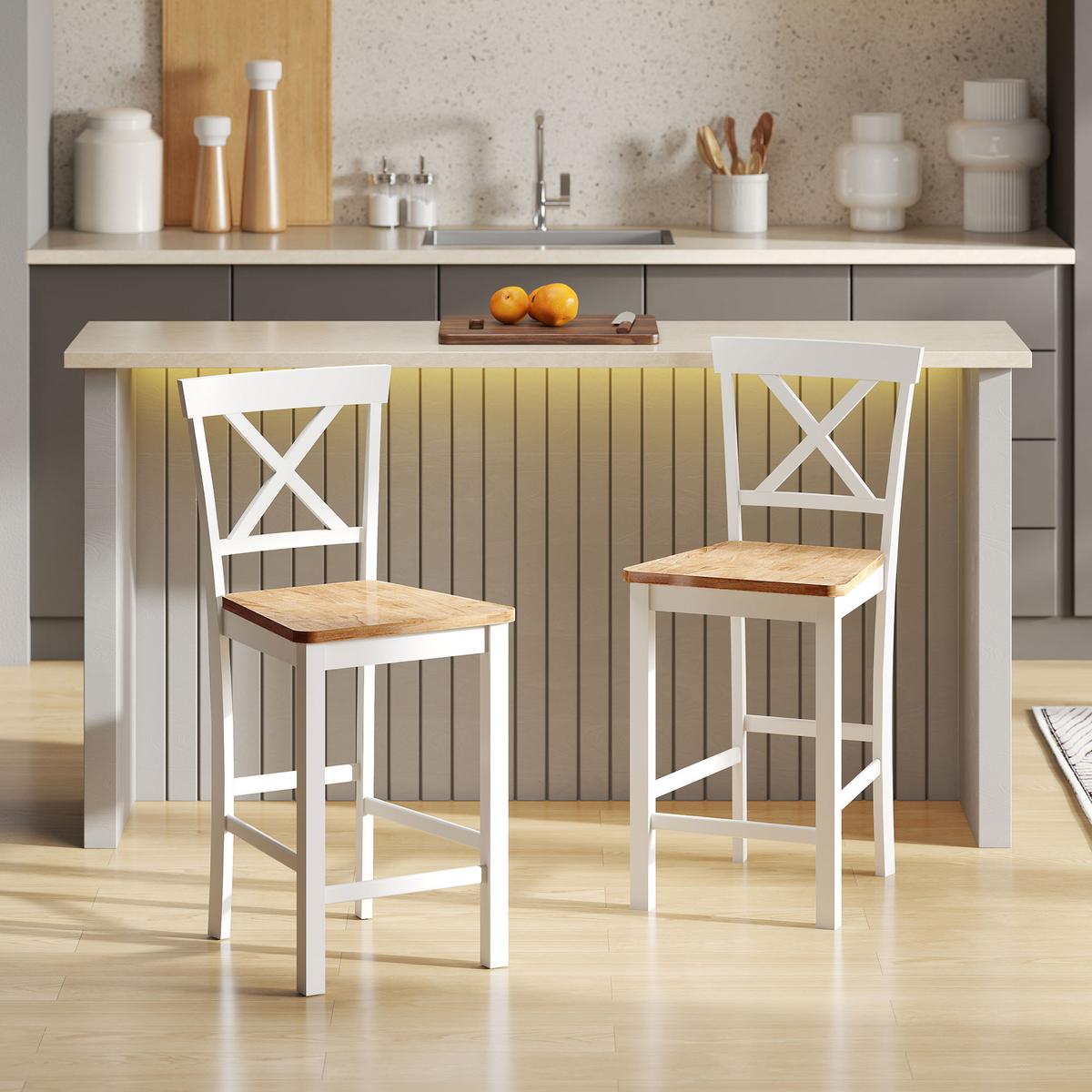 BARHOCKER 2er Set Barstuhl Küchenstühle mit Rückenlehne und Fußstütze Eiche - Eichefarben/Multicolor, Holz (41.5/96/46.5cm) - HOMCOM