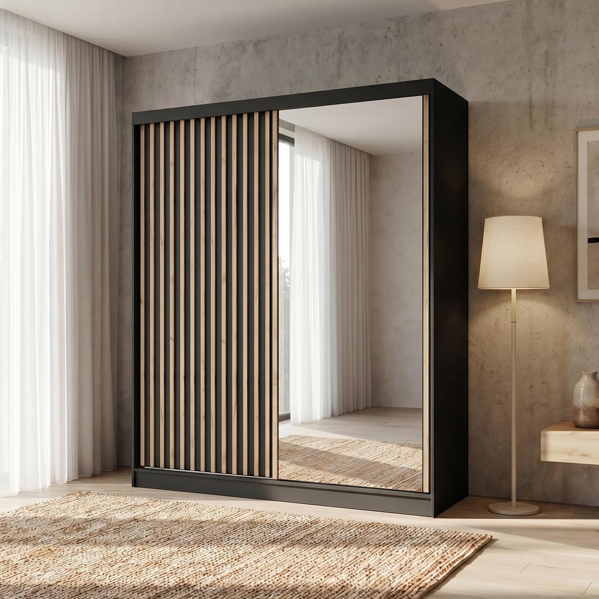 SCHWEBETÜRENSCHRANK Donatello mit 2 Türen und Schubkasteneinsatz, 180 cm, Schwarz+eiche Artisan - Schwarz/Eiche Artisan, Holzwerkstoff (180/205/60cm) - Beautysofa