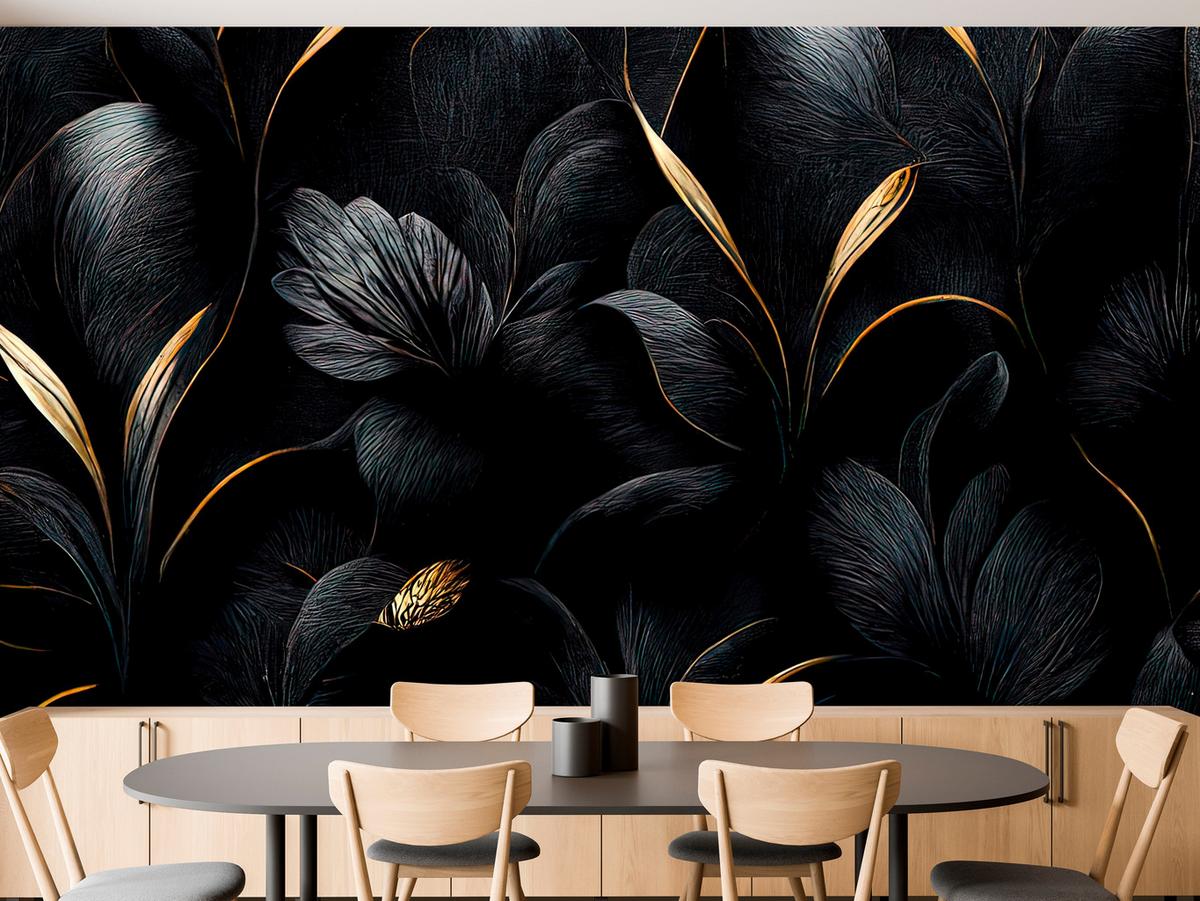 FOTOTAPETE für Wohnzimmer Schwarze Blätter Gold Luxus 100x70 - Goldfarben/Schwarz, Papier (100/70cm) - Muralo