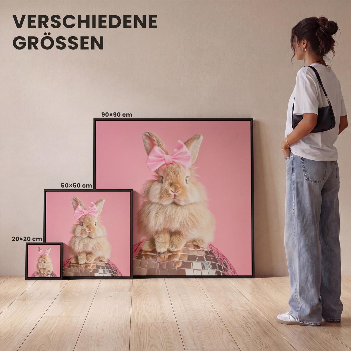 LEINWAND Bilder mit Rahmen - Schleife - Discoball - Kaninchen - 90x90 - Pink, Textil (90/90cm) - MuchoWow