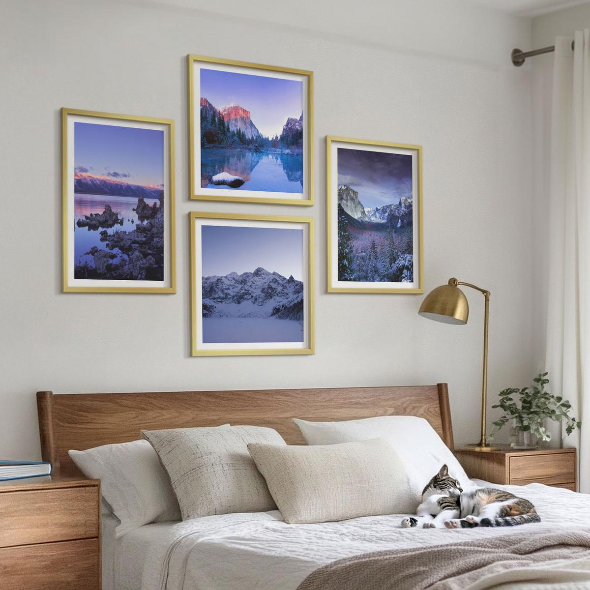 BILDER SET 4er Set - 50x50 cm & 40x60 cm Goldrahmen - Berglandschaften, Sonnenuntergang, Wasser - Goldfarben, Kunststoff (50/50cm) - TULUP