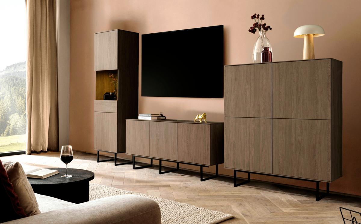 WOHNWAND in Nussbaum 3-teilig 353 cm, Komplett-Set mit Push-to-Open - Nussbaumfarben/Schwarz, Holzwerkstoff/Metall (353/200/40cm) - Furn.Design