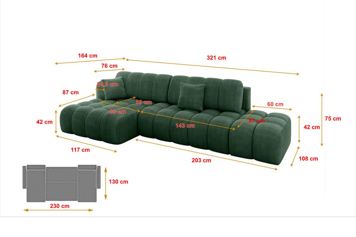 ECKSOFA mit Schlaffunktion Ottomane Links OLEA-L2 321x164x75 Grün Cord - Salbeigrün/Schwarz, Holzwerkstoff/Kunststoff (321/164cm) - ALTDECOR
