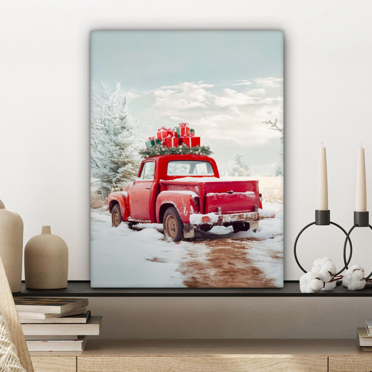 LEINWANDBILD Auto - Rot - Geschenke - Winter - Schnee - Weihnachten Room Decor 30x40 cm - Rot, Textil (30/40cm) - MuchoWow