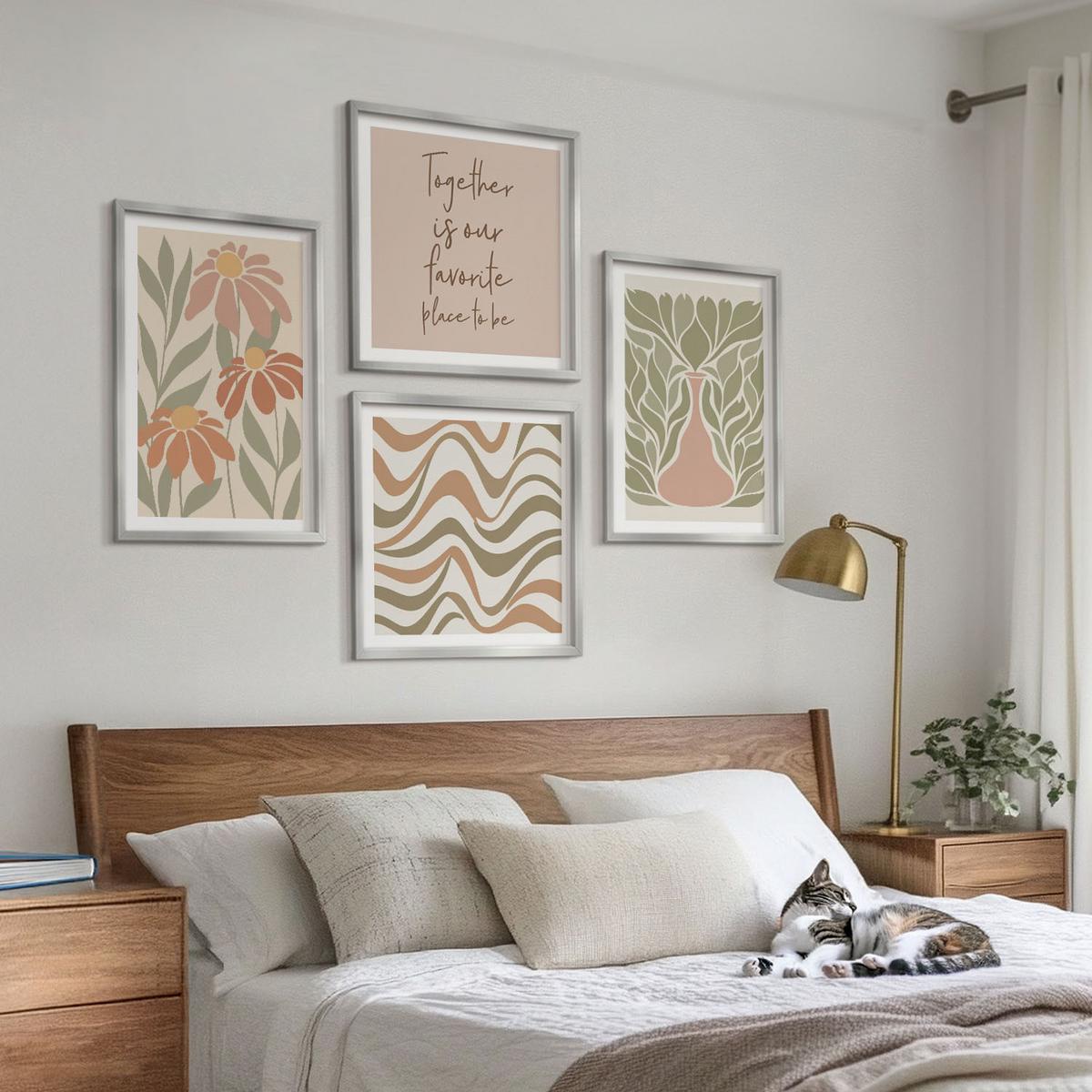 BILDER SET 4er Set - 50x50 cm & 40x60 cm Silberner Rahmen - Abstrakte Pastellblumen - Silberfarben, Kunststoff (50/50cm) - TULUP