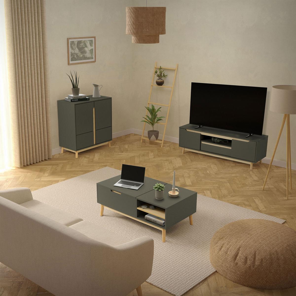 TV-LOWBOARD 120x40x46 cm Grün-Natur mit Kiefernholz-Füße - Naturfarben/Grau, Holz (40/46/120cm) - ML-DESIGN