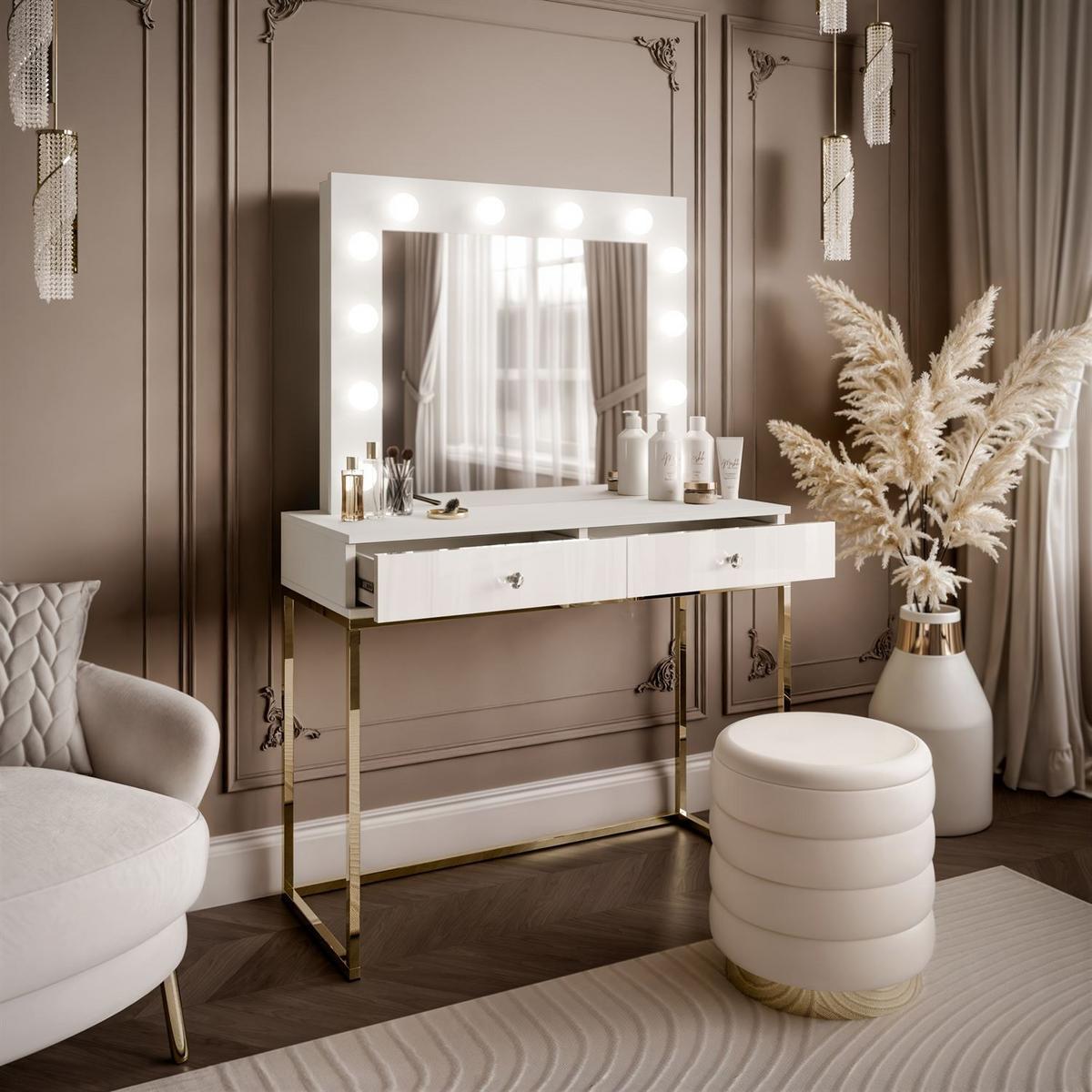 SCHMINKTISCH BLANCO mit Spiegel und Beleuchtung Gold Chrom Weiß Hochglanz Kristallgriff - Weiß Hochglanz/Goldfarben, Holzwerkstoff (100/146/42cm) - Lookway