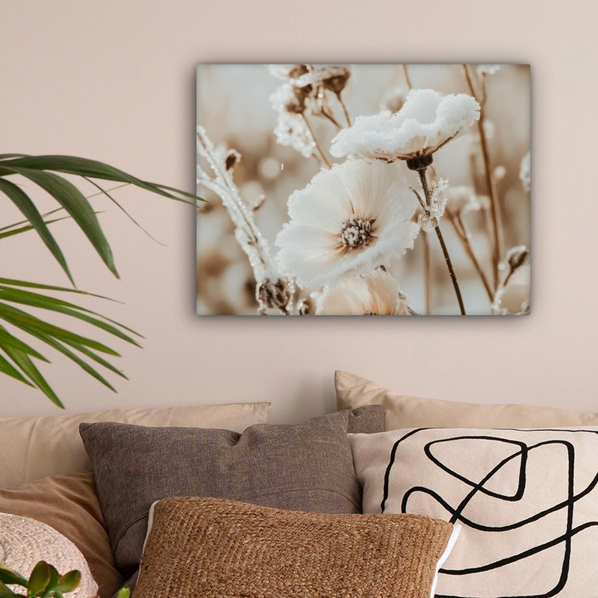 LEINWANDBILD Blumen - Winter - Weiß - Schnee - Beige Wandbild 40x30 cm - Creme, Textil (40/30cm) - MuchoWow