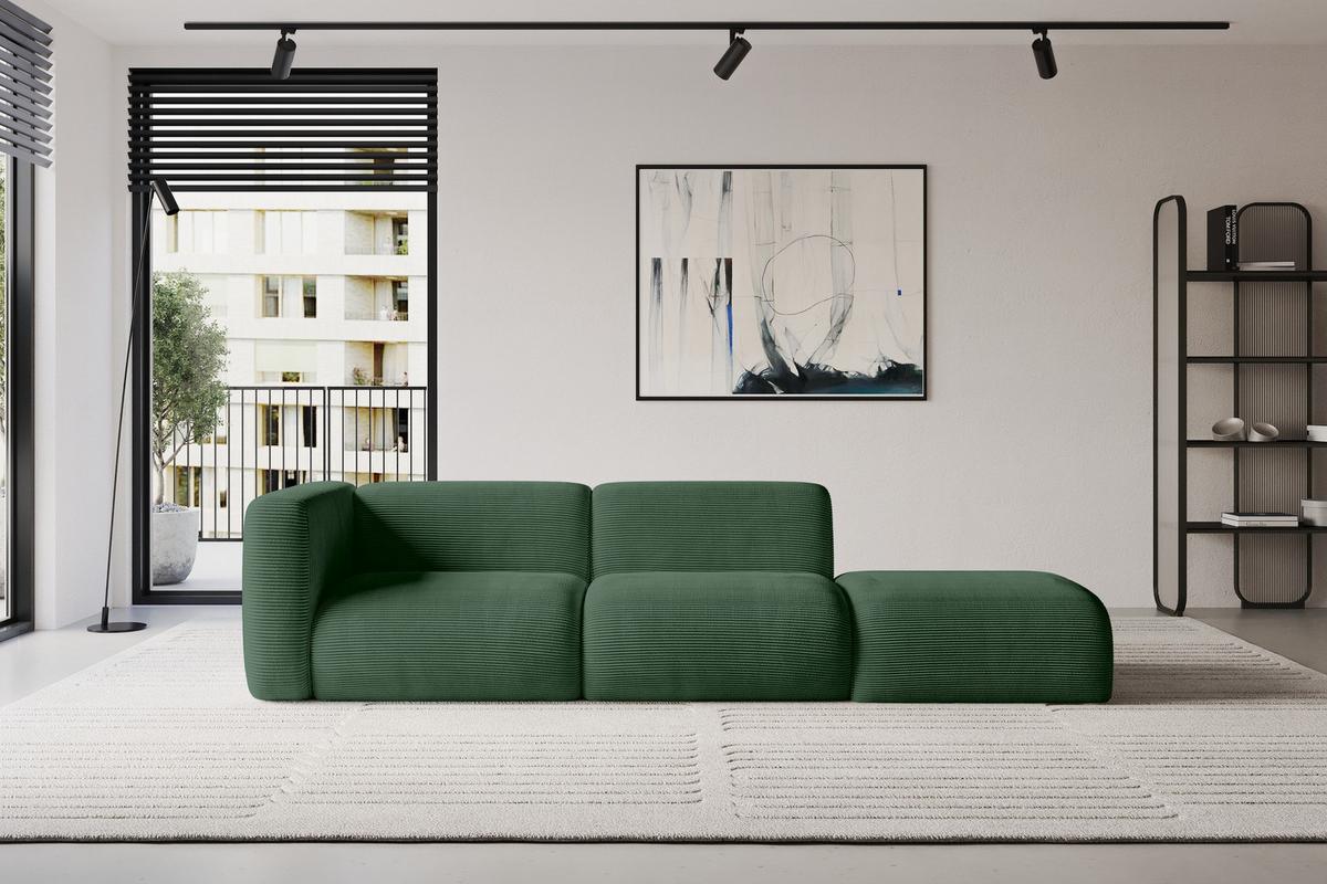 SOFA Ottomane Links MIRA-S3 296x89x70 Grün Cord - Salbeigrün/Schwarz, Holzwerkstoff/Kunststoff (296/70/89cm) - ALTDECOR