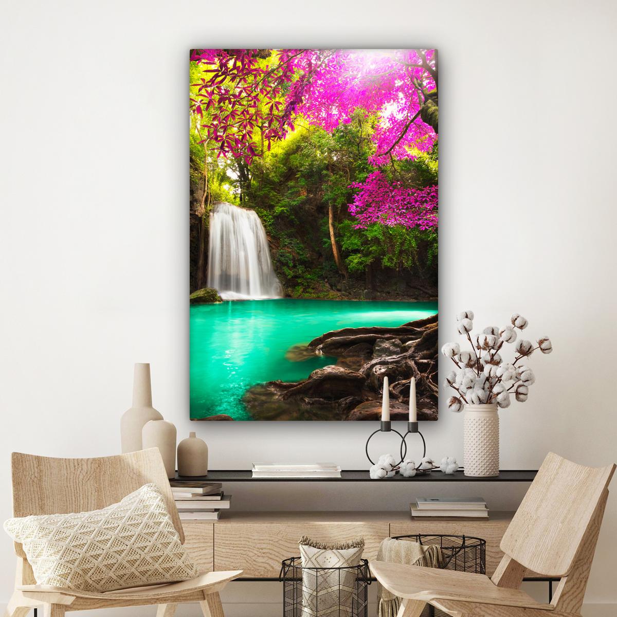 LEINWANDBILD Wasserfall mit bunten Blumen und Bäumen - Natur - Dschungel Deko Groß 90x140 cm - Waldgrün, Textil (90/140cm) - MuchoWow