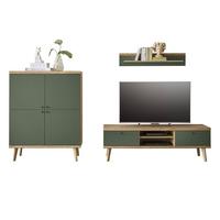 WOHNWAND 3-teilig salbei grün, Eiche Evoke, skandinavisch 277 cm, Schrankwand mit Highboard - Salbeigrün/Eichefarben, Eichenholz/Holz (277/160/40cm) - Furn.Design