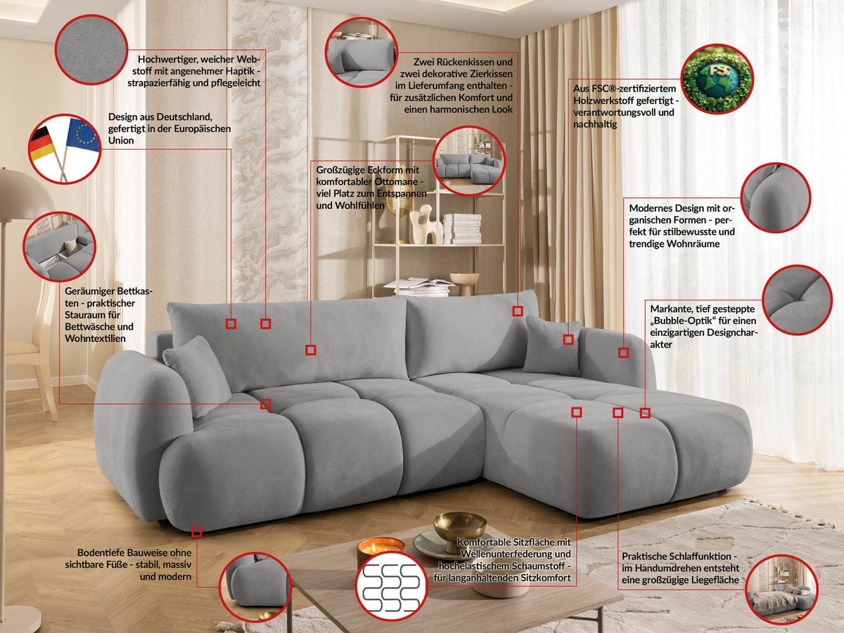 ECKSOFA Loretto aus natürlichem Grau Webstoff mit Schlaffunktion, Bettkasten und tiefen Steppungen in Bubble-Optik - Schwarz/Grau, Holz/Kunststoff (275/180cm) - S-Style