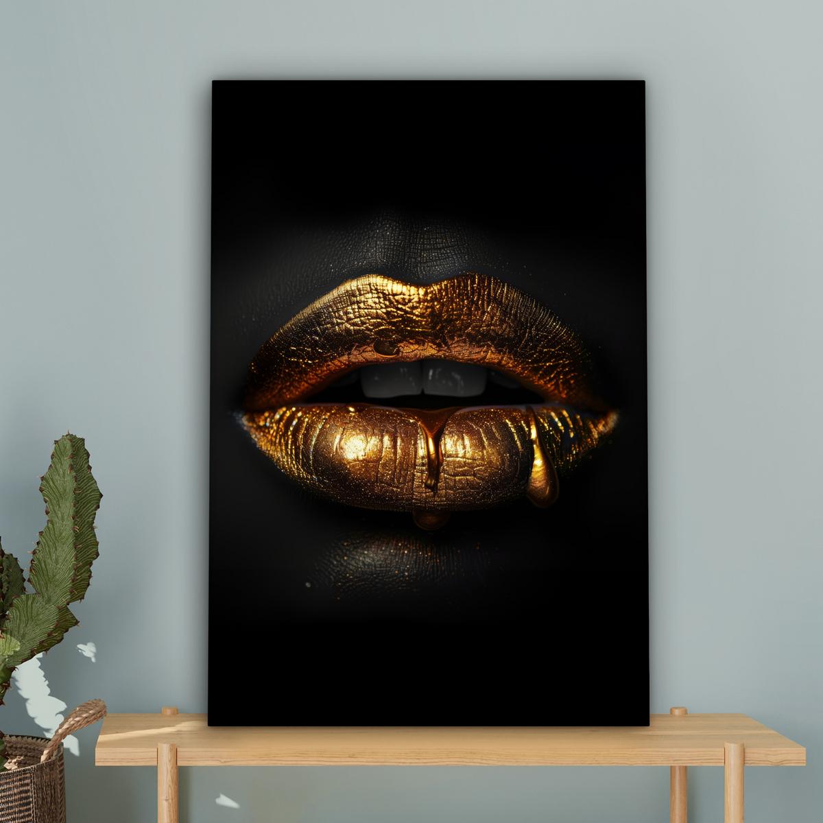 LEINWANDBILD Frau - Porträt - Lippen - Gold - Schwarz Wanddeko 40x60 cm - Schwarz, Textil (40/60cm) - MuchoWow