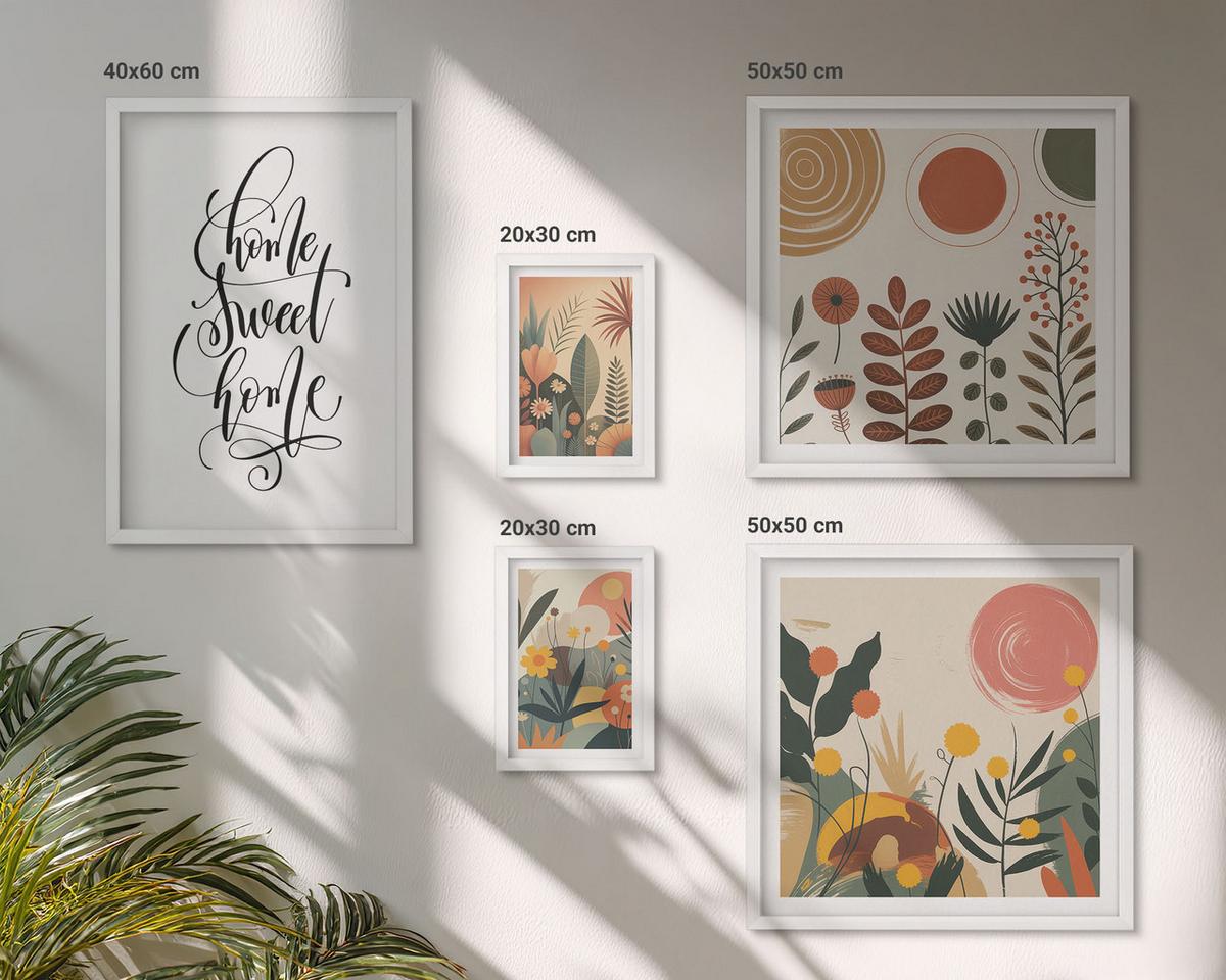 BILDER SET 5er Set - 50x50 cm & 20x30 cm & 40x60 cm Weißer Rahmen - Pastellfarbene Pflanzenmuster - Weiß, Kunststoff (40/60cm) - TULUP