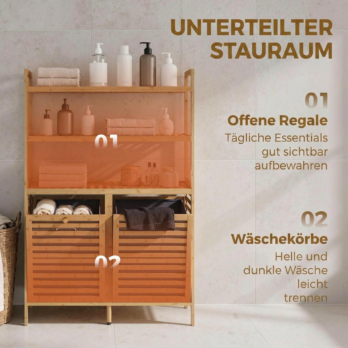 WÄSCHESCHRANK Bambus Vliesstoff Eiche - Eichefarben/Goldfarben, Naturmaterialien/Bambusholz (30/118/80cm) - HOMCOM