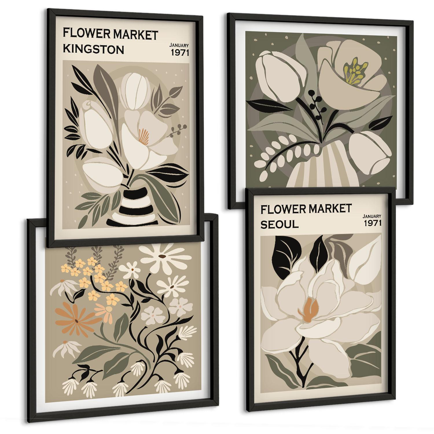 BILDER SET 4er Set - 50x50 cm & 40x60 cm Schwarzer Rahmen - Kingston Seoul Retro-Blumen - Schwarz, Kunststoff (50/50cm) - TULUP