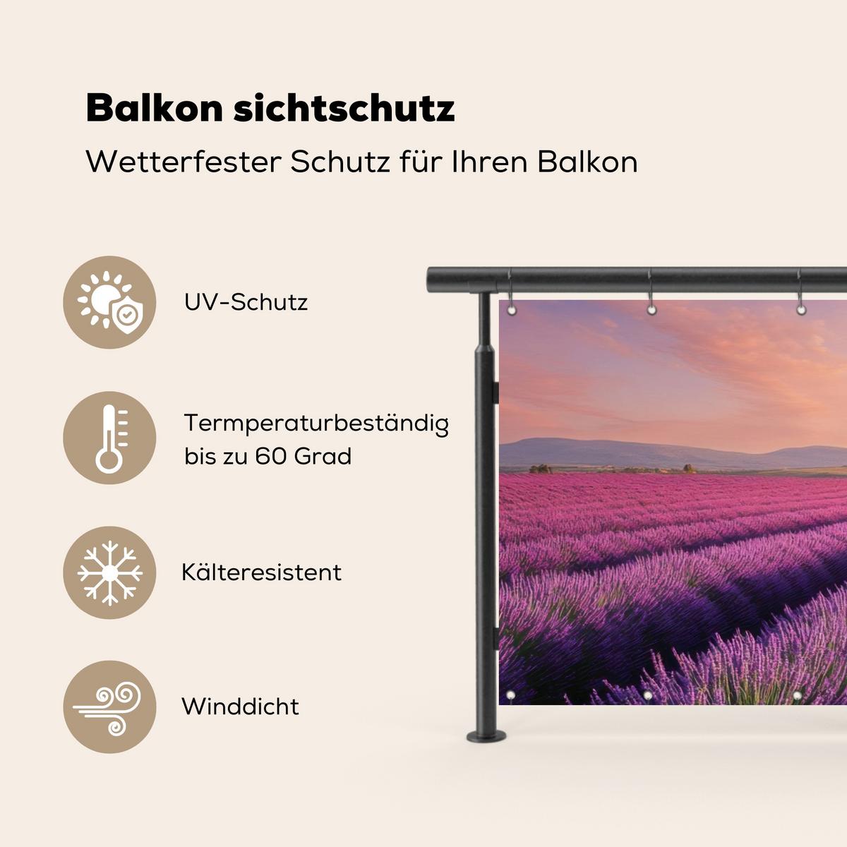 BALKON-SICHTSCHUTZ Lavendelfeld - Sonnenuntergang - Lila - Blumen Balkon Deko 300x110 cm - Violett, Kunststoff (300/110cm) - MuchoWow
