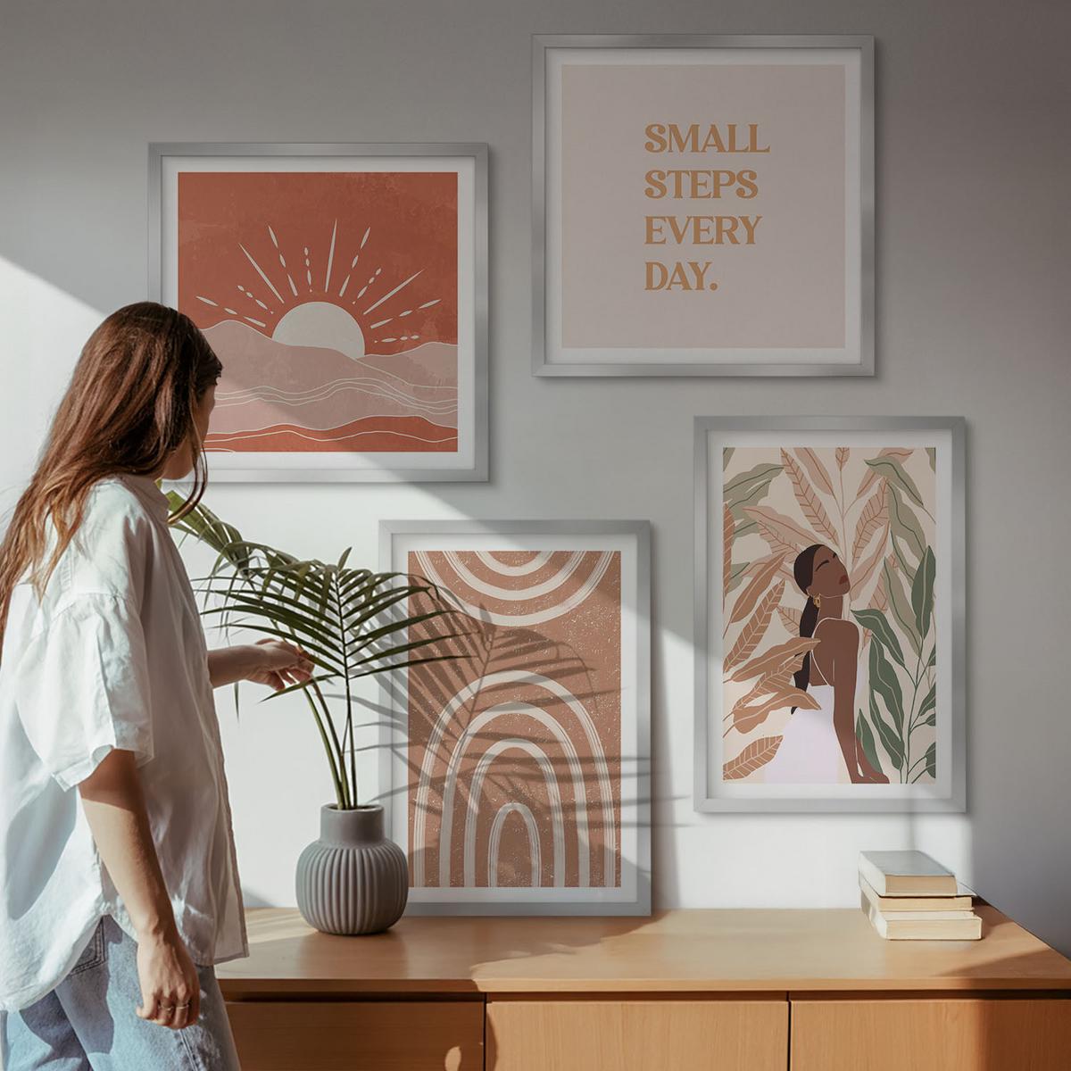 BILDER SET 4er Set - 50x50 cm & 40x60 cm Silberner Rahmen - abstrakte Formen im Boho-Stil - Silberfarben, Kunststoff (50/50cm) - TULUP