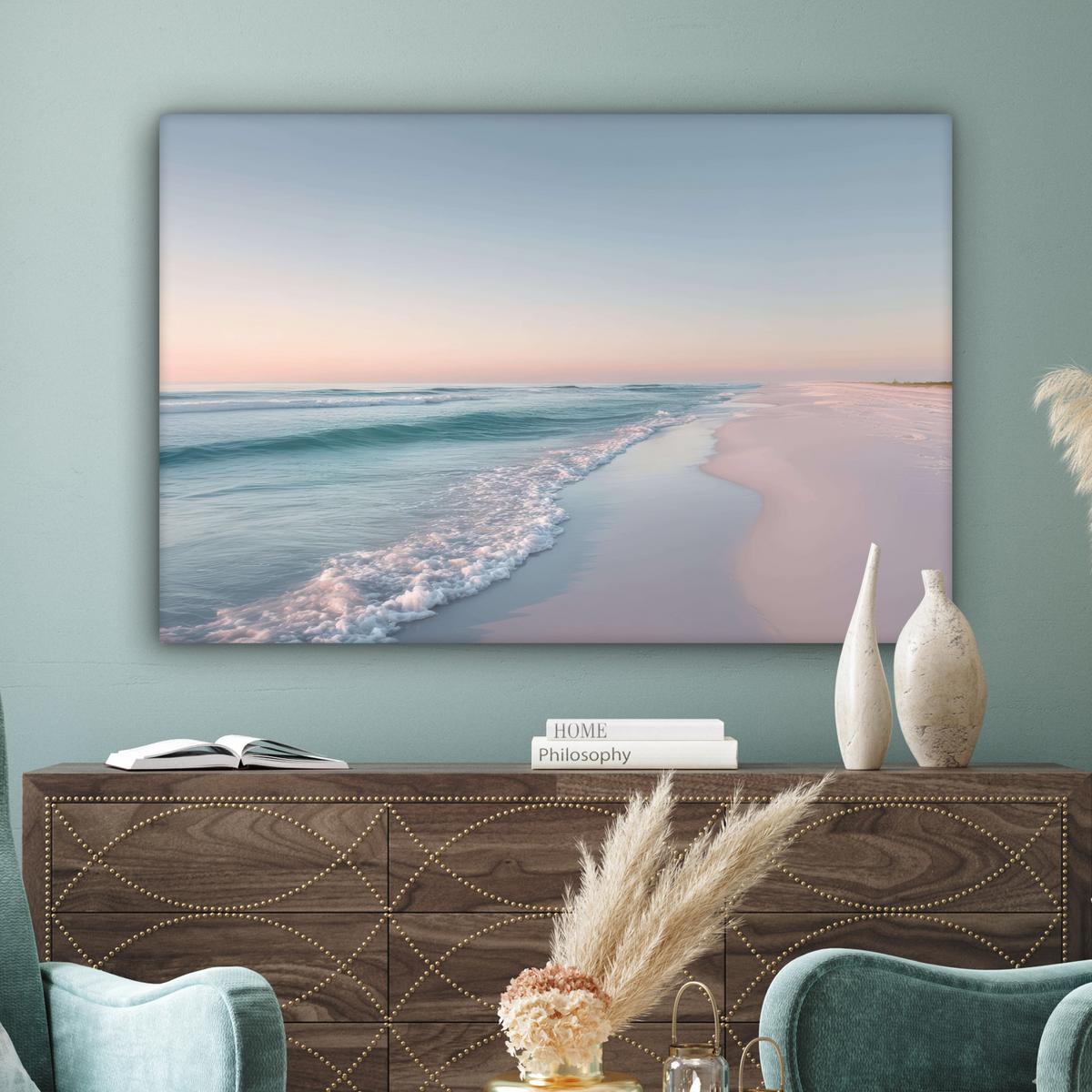 LEINWANDBILD Küstenlinie - Pastell - Wasser Groß 140x90 cm - Pastellblau, Textil (140/90cm) - MuchoWow
