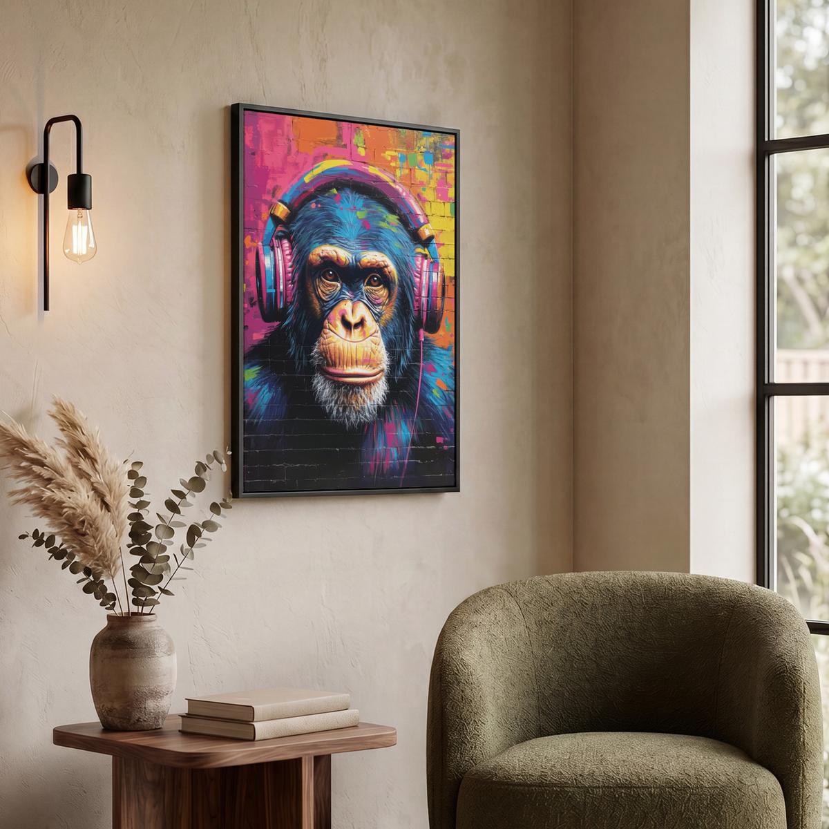 LEINWAND Bilder mit Rahmen - Graffiti - Schimpanse - Straßenkunst - Kopfhörer - Affe - 50x70 - Blau, Textil (50/70cm) - MuchoWow