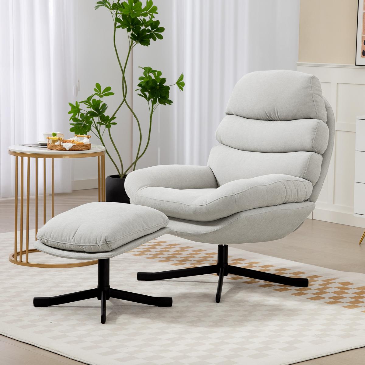 RELAXSESSEL mit Hocker Sessel Loungesessel mit Chenille-Optik Cremeweiß - Blau/Creme, Textil/Metall (78/100/93cm) - HOMCOM
