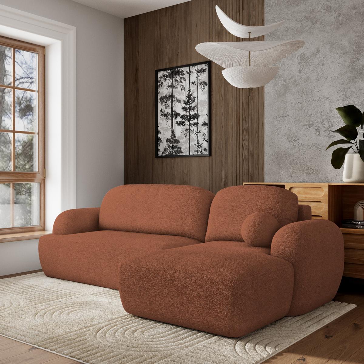 ECKSOFA MODENZA N R-S Orange Boucle-Stoff mit Schlaffunktion - Schwarz/Orange, Holz/Kunststoff (266/148cm) - MASSENO