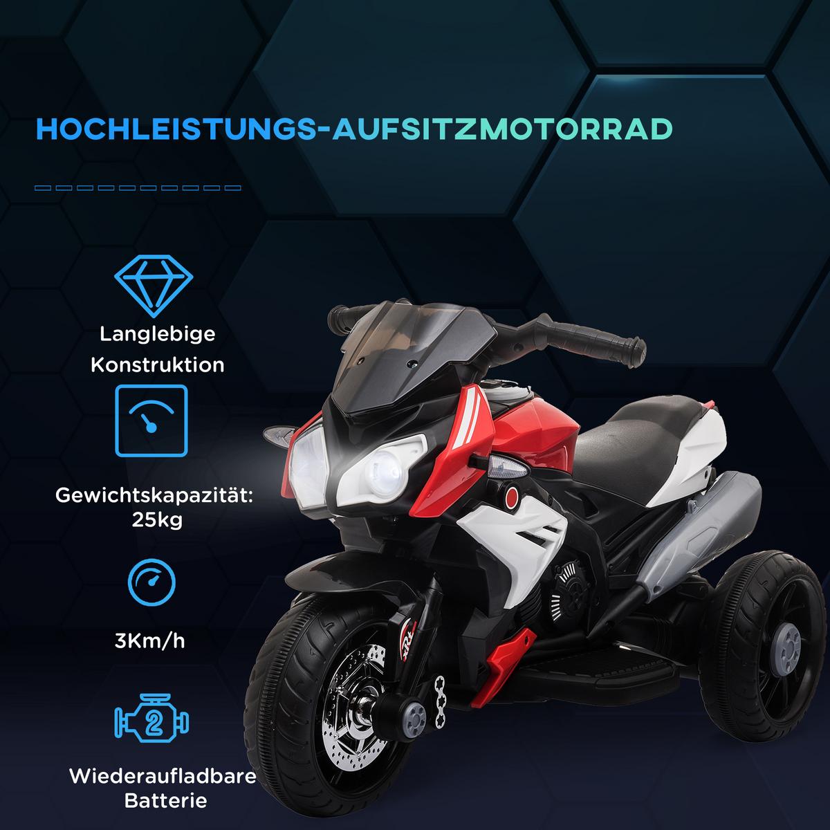 KINDER Elektromotorrad Kindermotorrad Kinderfahrzeug 3km/h - Rot/Schwarz, Kunststoff/Metall (86/42/52cm) - HOMCOM