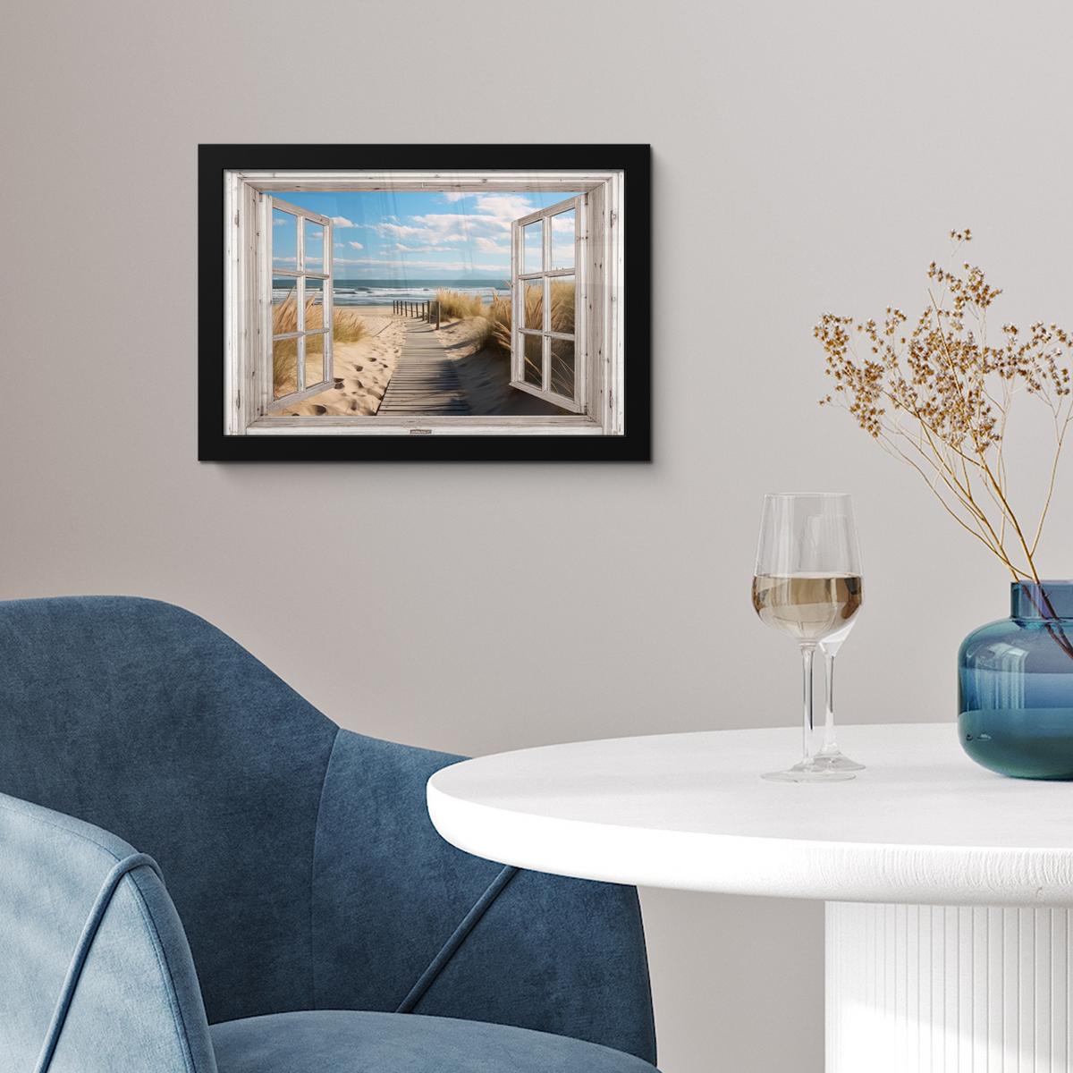 POSTER MIT RAHMENGERAHMTES BILD Fenster - Meer - Küste - Natur - Ausblick - Strand - Wattenmeer 30x20 cm - Beige, Papier (30/20cm) - MuchoWow