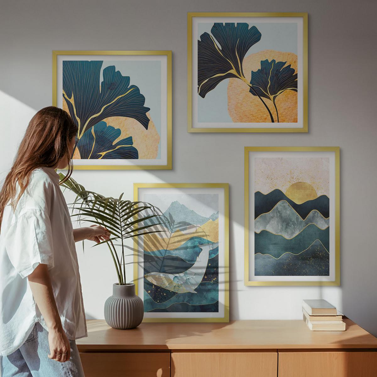 BILDER SET 4er Set - 50x50 cm & 40x60 cm Goldrahmen - Abstrakte ästhetische Berge - Goldfarben, Kunststoff (50/50cm) - TULUP