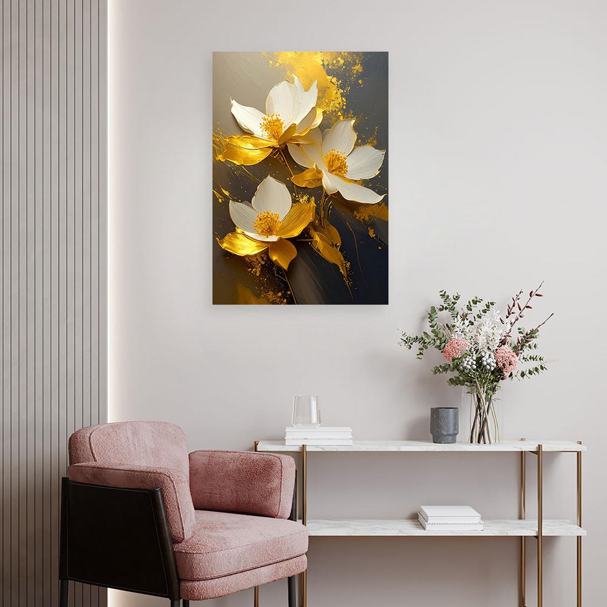LEINWANDBILD, Weiße Magnolien mit goldenen Akzenten auf einem dunklen Hintergrund - Gelb, Textil (30/45cm) - Feeby