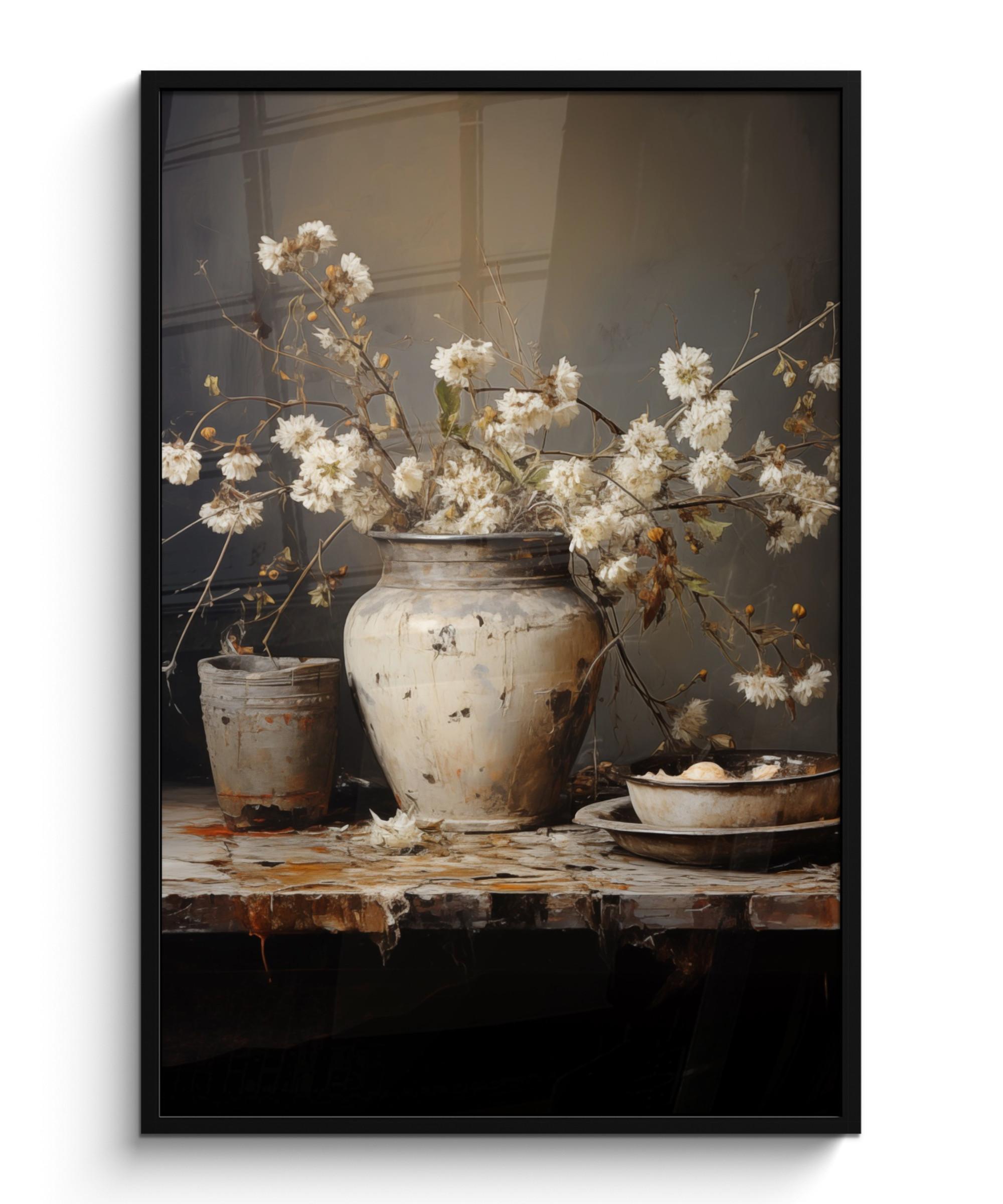 POSTER MIT RAHMEN Stilleben - Blumen - Blumenstrauß - Vase - Wein Bilderleiste 80x120 cm - Schwarz, Papier (80/120cm) - MuchoWow