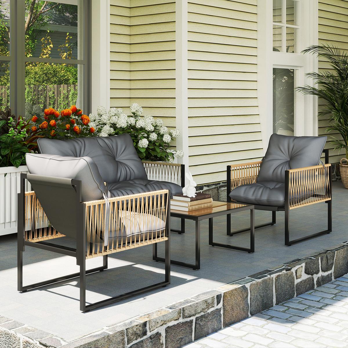 SITZGRUPPE mit Kissen, 4 tlg. Rattan Gartenmöbel-Set, Sitzgarnitur für Garten, Braun - Dunkelgrau, Kunststoff - Outsunny