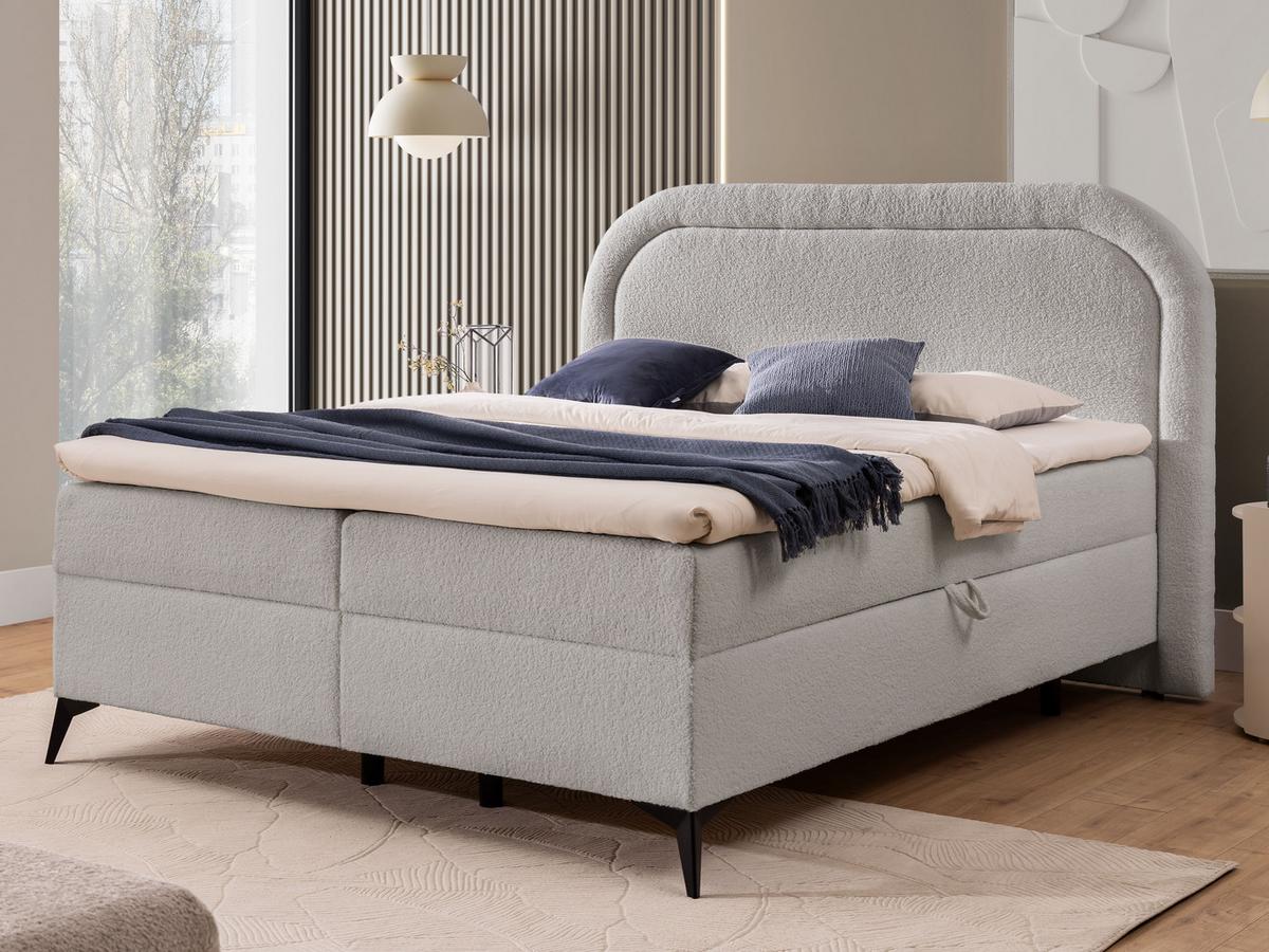 BOXBETT Sonna 140/200 cm Hellgrau Bouclé-Stoff mit abgerundetem Kopfteil und mit schwarzen Metallfüße - Hellgrau/Schwarz, Holz/Textil (140/200cm) - S-Style Möbel