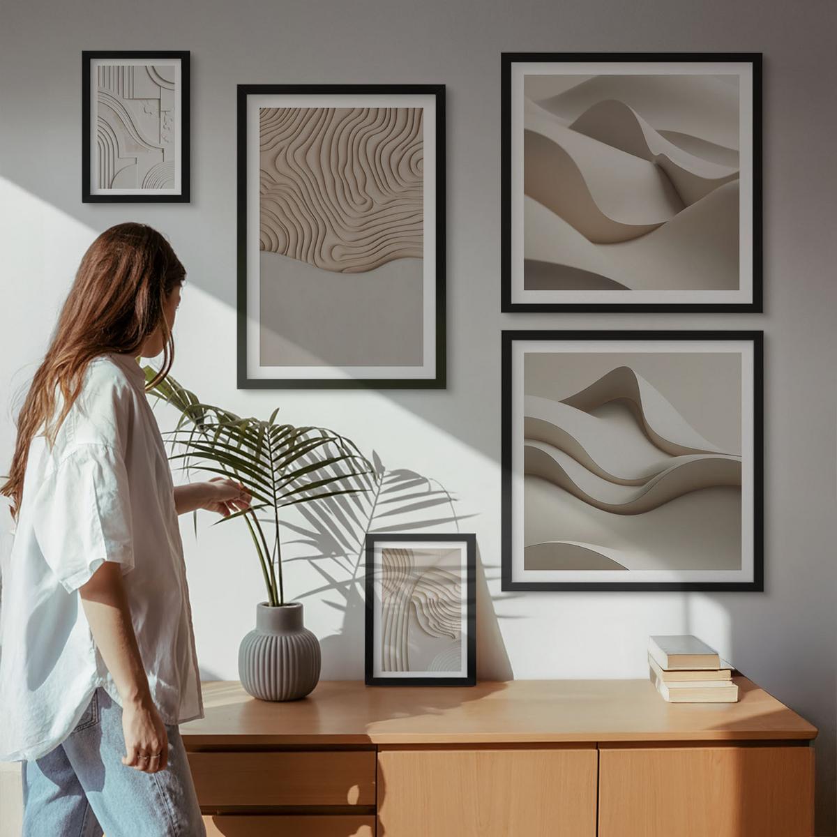 BILDER SET 5er Set - 50x50 cm & 20x30 cm & 40x60 cm Schwarzer Rahmen - Abstrakte Wellen auf dem Sand - Schwarz, Kunststoff (40/60cm) - TULUP