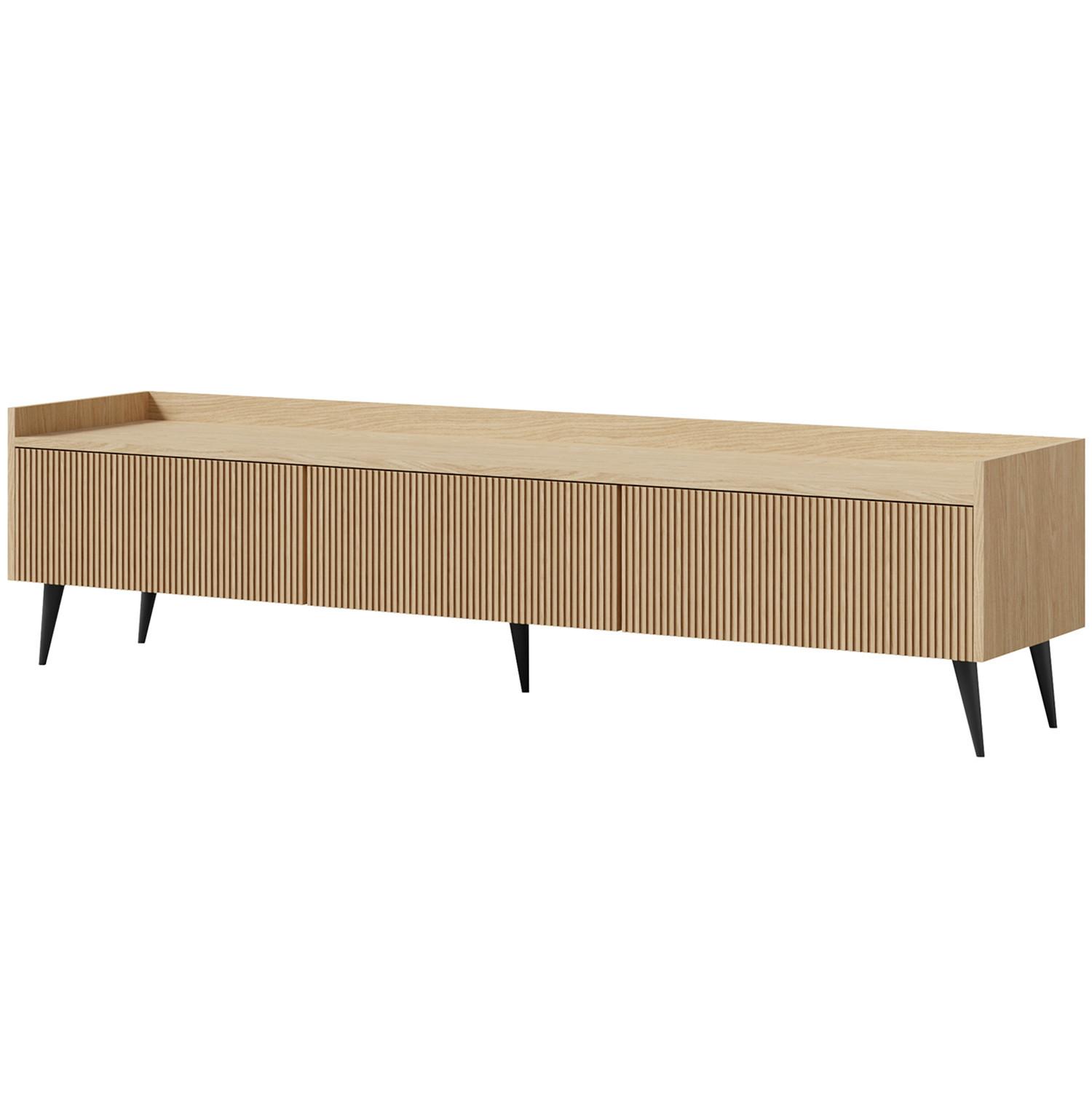 LOWBOARD Amfali mit 3 Klapptüren, geriffelte Fronten, Push-to-open, Metallbeine, 180 cm, Frühlings-Eiche - Eichefarben/Schwarz, Holzwerkstoff/Metall (180/45/41cm) - Beautysofa