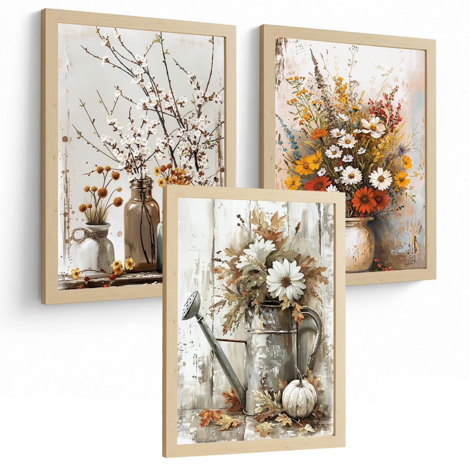 POSTER 3er Bilder-Set Wandbilder Blumen Vasen modern Wohnzimmer Deko, Schlafzimmer, Küche, Badezimmer Leichter Holzrahmen A4 - Beige, Papier (29.7/1/21cm) - Nacnic