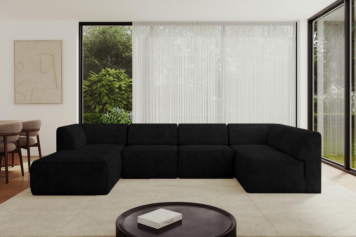 WOHNLANDSCHAFT Ottomane Links MOVO-L 345x180x78 cm Schwarz Velours - Schwarz, Holzwerkstoff/Kunststoff (345/78/180cm) - ALTDECOR