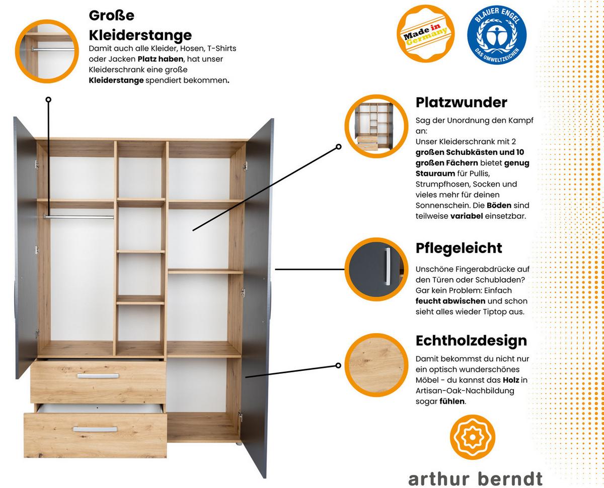JUGENDZIMMER SET 3-tlg. Bett Kleiderschrank Bettkästen - Anthrazit/Silberfarben, Holzwerkstoff/Kunststoff (120/1/200cm) - arthur berndt