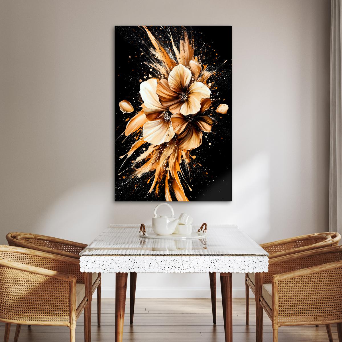 LEINWANDBILD Blumen - Gold - Graffiti - Schwarz - Abstrakt Deko XXL 80x120 cm - Cappuccino, Textil (80/120cm) - MuchoWow