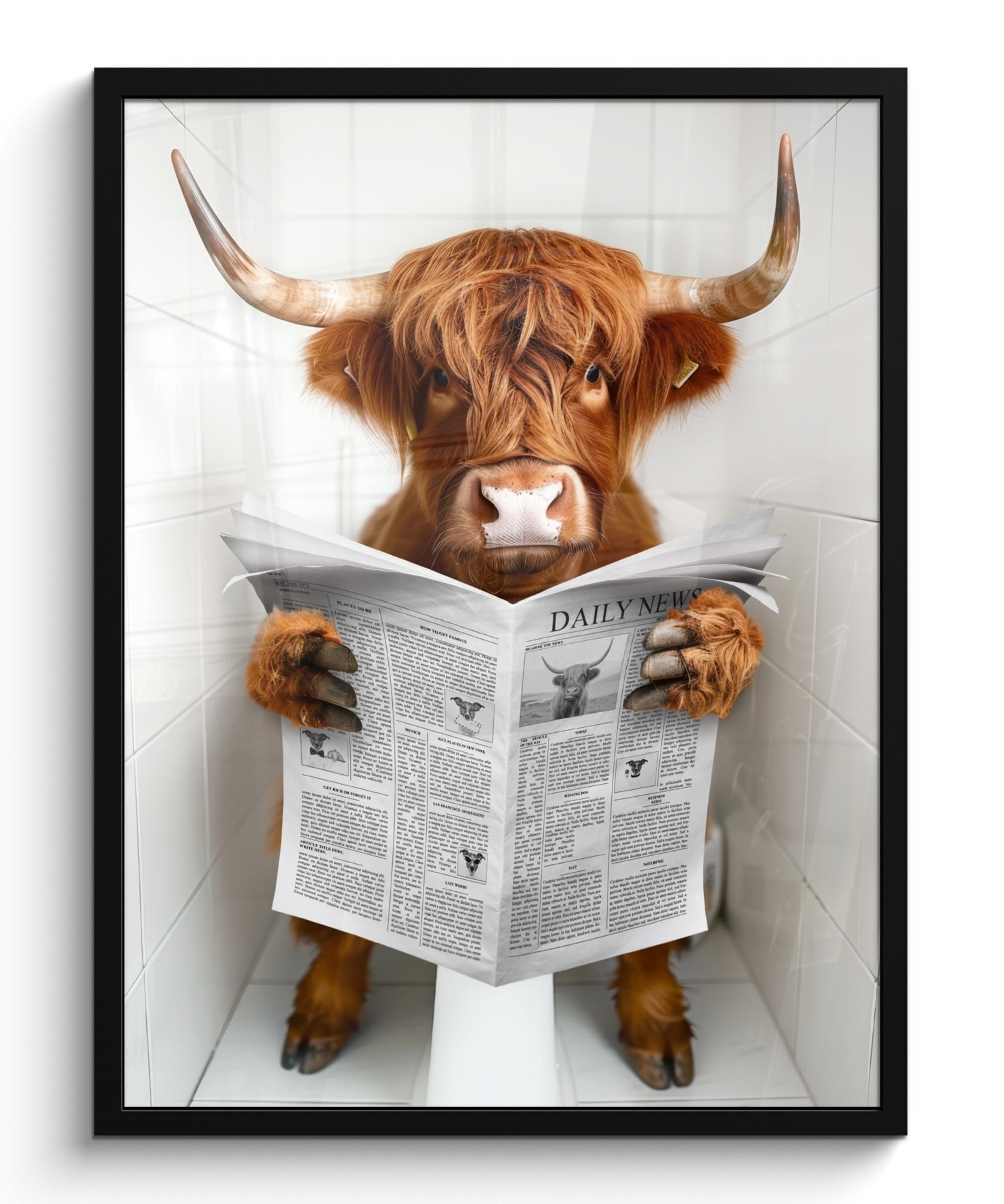 POSTER MIT RAHMEN Schottischer Highlander - Tier - Zeitung - Toilette Posterleiste 60x80 cm - Kastanienfarben, Papier (60/80cm) - MuchoWow