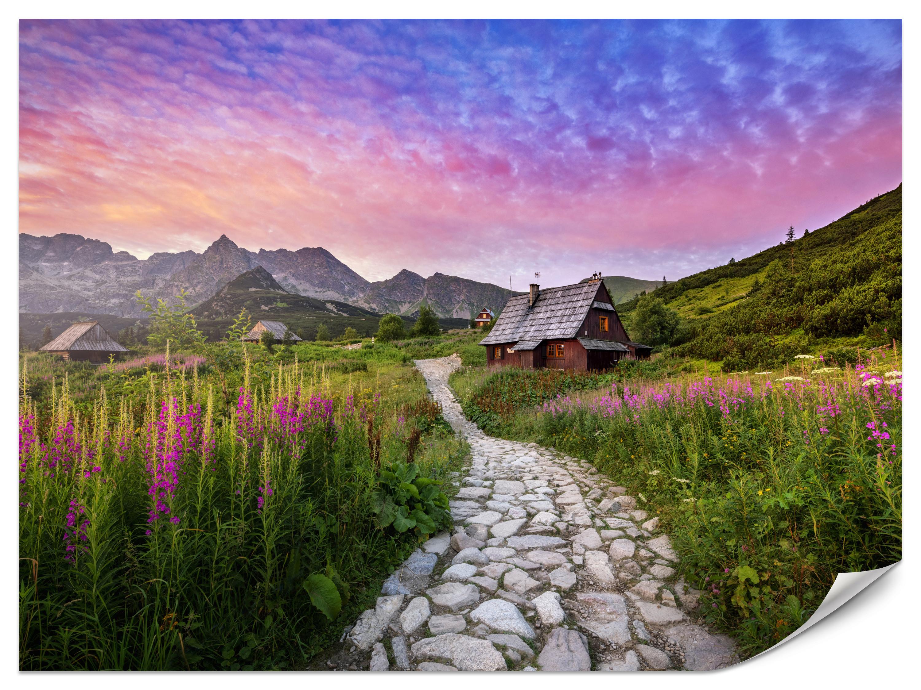 FOTOTAPETE für Schlafzimmer Berglandschaft Holzchalet Natur 500x350 - Beige/Violett, Papier (500/350cm) - Muralo