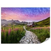 FOTOTAPETE für Schlafzimmer Berglandschaft Holzchalet Natur 500x350 - Beige/Violett, Papier (500/350cm) - Muralo