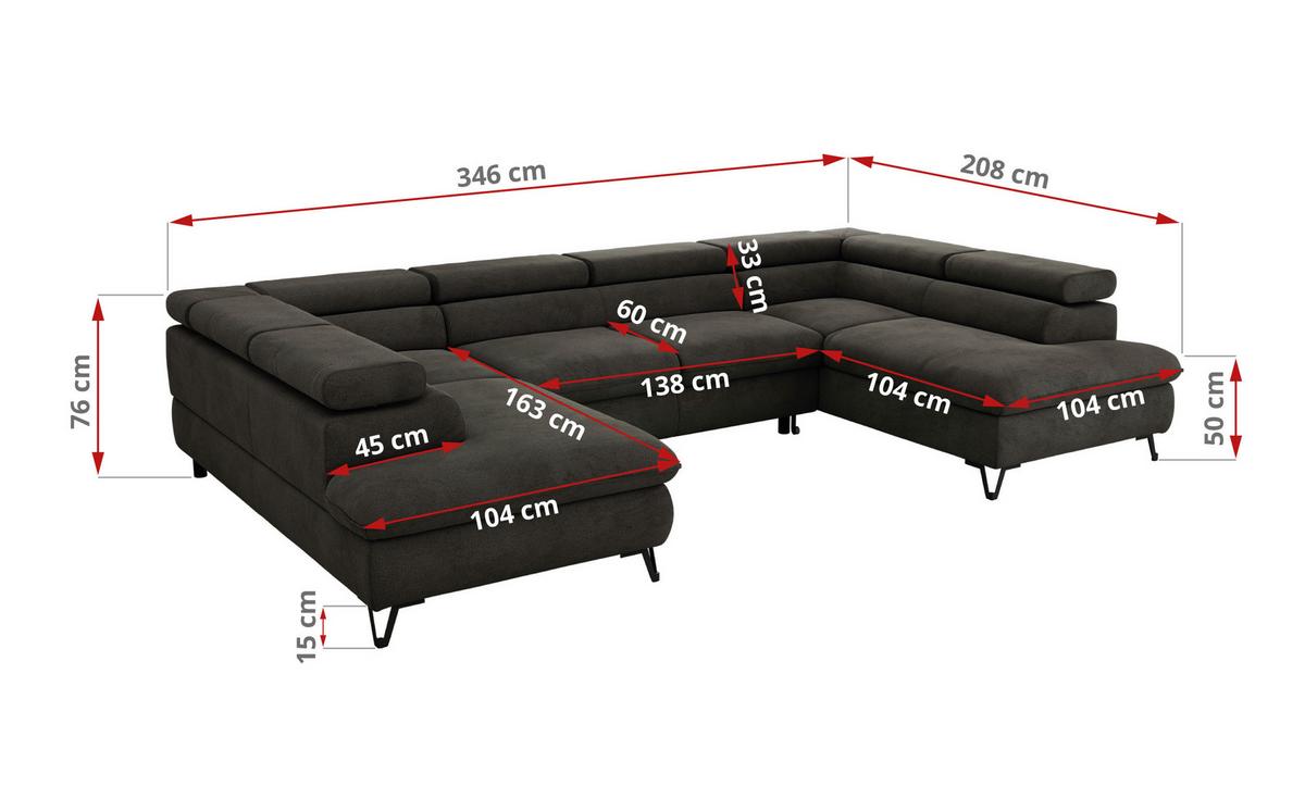 WOHNLANDSCHAFT PABLO U Velvet Dunkelgrau - Dunkelgrau/Schwarz, Textil/Metall (346/76/208cm) - MKS