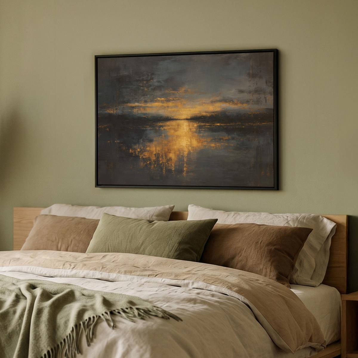 LEINWAND Bilder mit Rahmen - Goldene Reflexion auf dem Wasser - 70x50 - Anthrazit, Textil (70/50cm) - MuchoWow