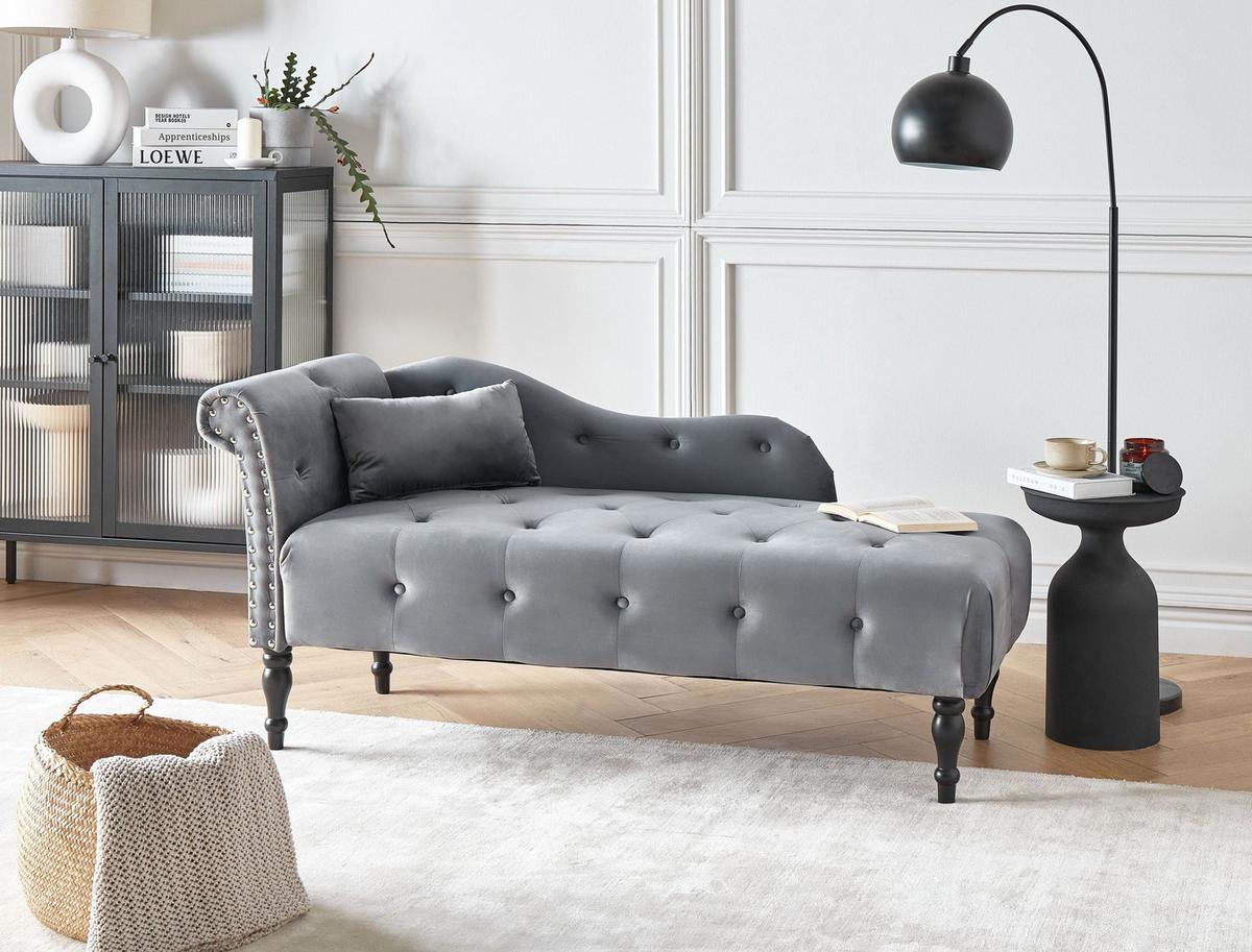CHAISELONGUE-LINKSSEITIGE Samtstoff Grau Ivry - Dunkelgrau/Schwarz, Textil (152/72/62cm) - Beliani