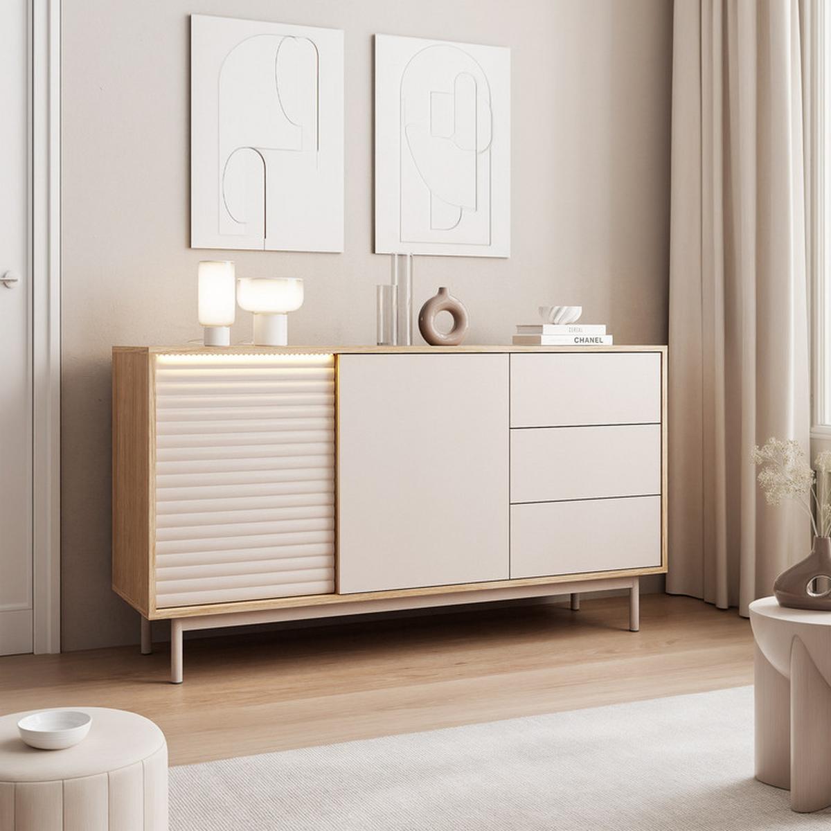 KOMMODE LUSSO 140 cm, 3 Schublade(n) Eiche / Kaschmir - Eichefarben, Holzwerkstoff/Metall (140/77/40cm) - Idohome