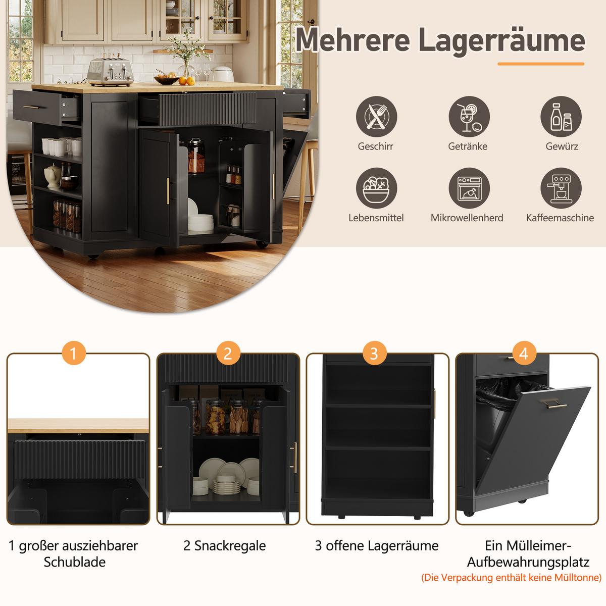 KÜCHENINSEL Schwarz mit Rollen & Mülleimerfach 3 Schubladen - Schwarz, Holzwerkstoff (120/92/50cm) - Urban Meuble